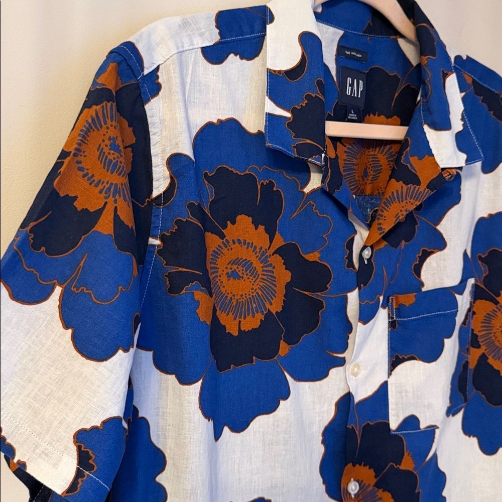 Gap Linen Blend Short Sleeve Button Down Shirt Men's L Blue Orange Floral Vacati - Picture 4 of 12